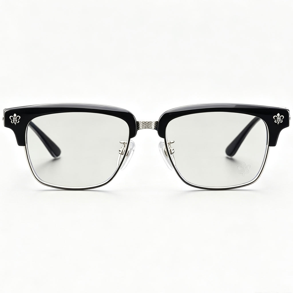 Black Browline Eyeglasses Men Katana Design Silver Temple IP Plated Anti-Rust Eyewear