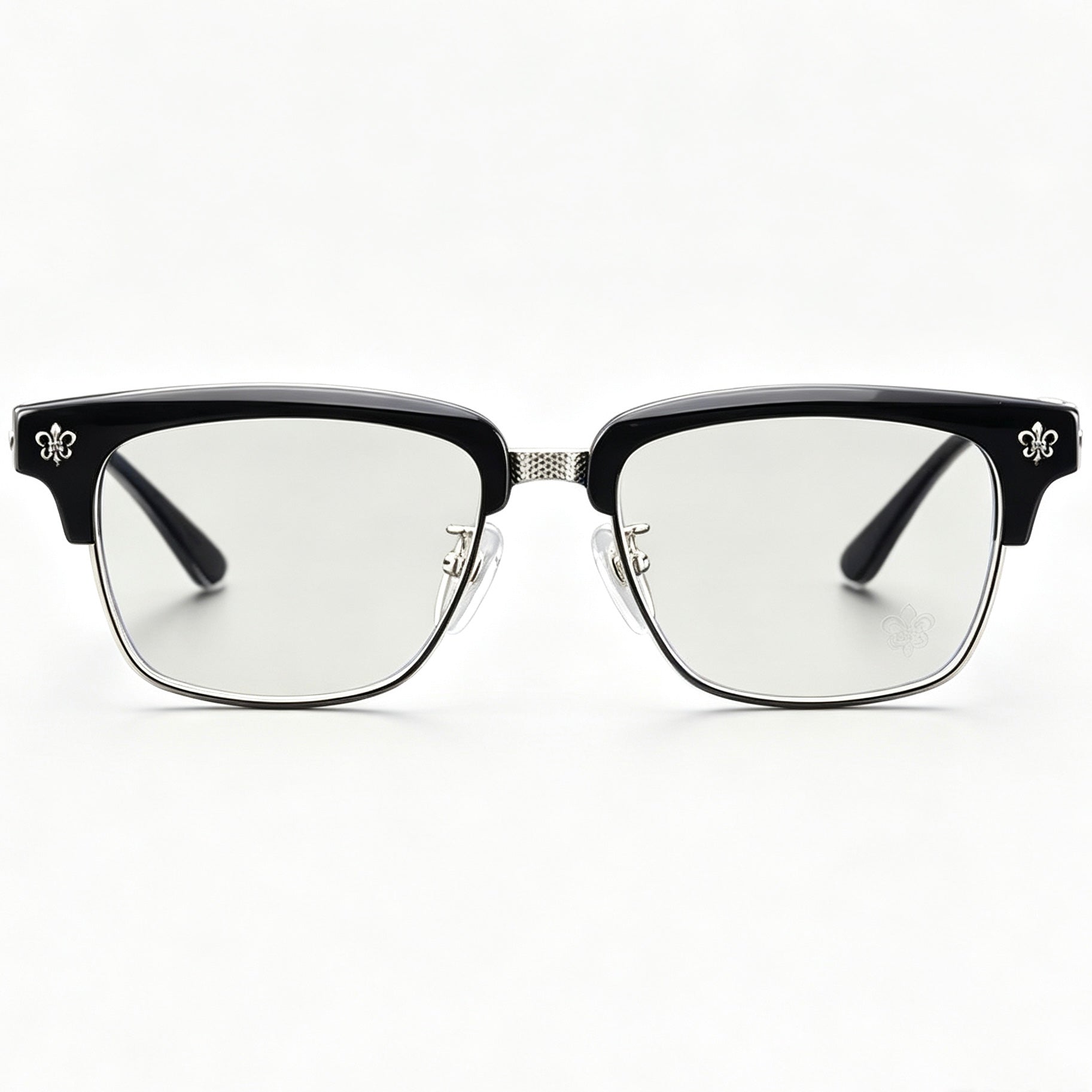 Black Browline Eyeglasses Men Katana Design Silver Temple IP Plated Anti-Rust Eyewear