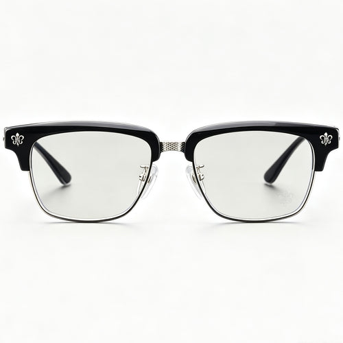 Black Browline Eyeglasses Men Katana Design Silver Temple IP Plated Anti-Rust Eyewear
