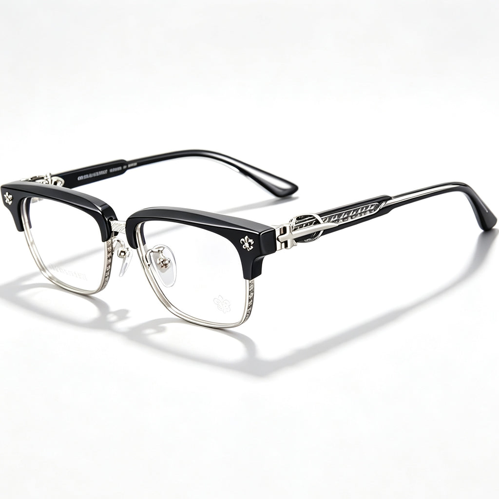 Black Browline Eyeglasses Men Katana Design Silver Temple IP Plated Anti-Rust Eyewear
