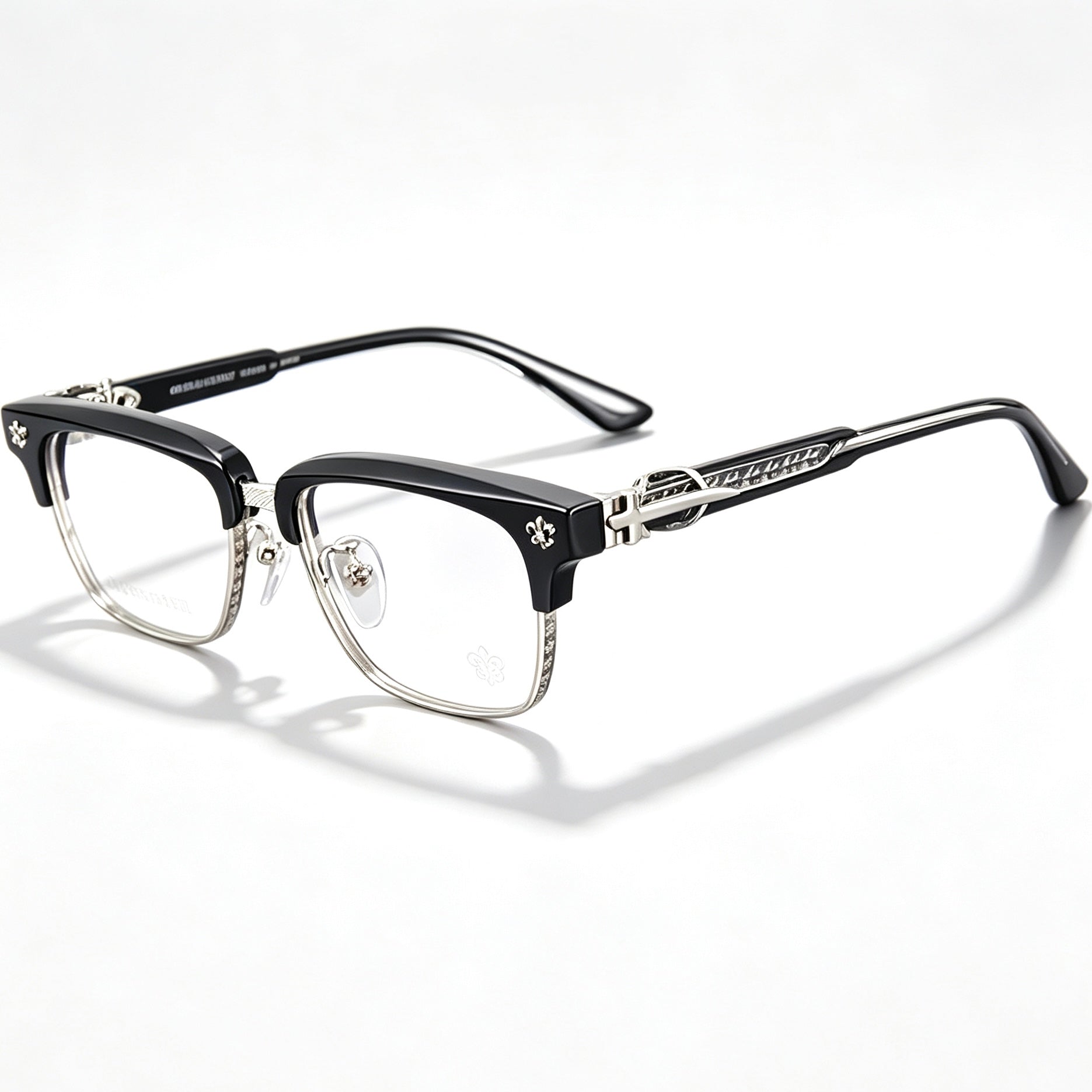 Black Browline Eyeglasses Men Katana Design Silver Temple IP Plated Anti-Rust Eyewear