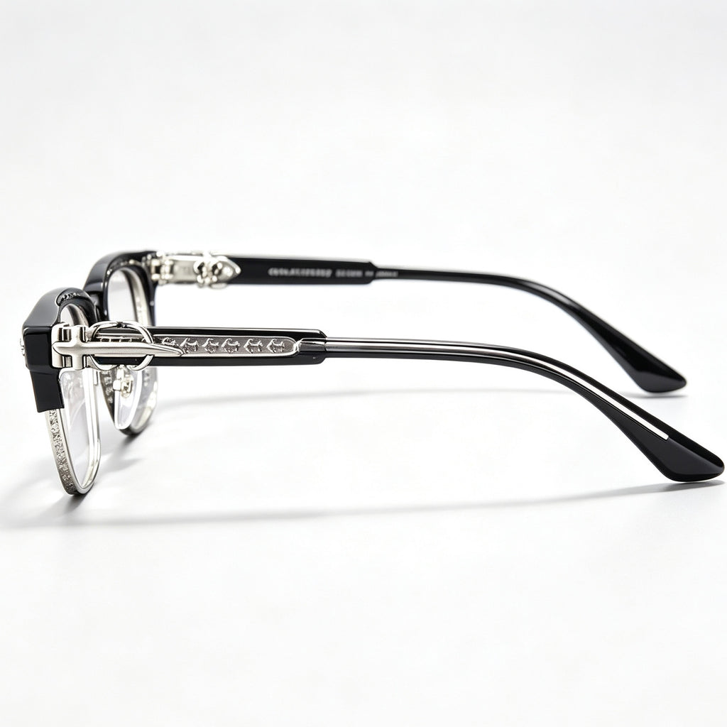 Black Browline Eyeglasses Men Katana Design Silver Temple IP Plated Anti-Rust Eyewear