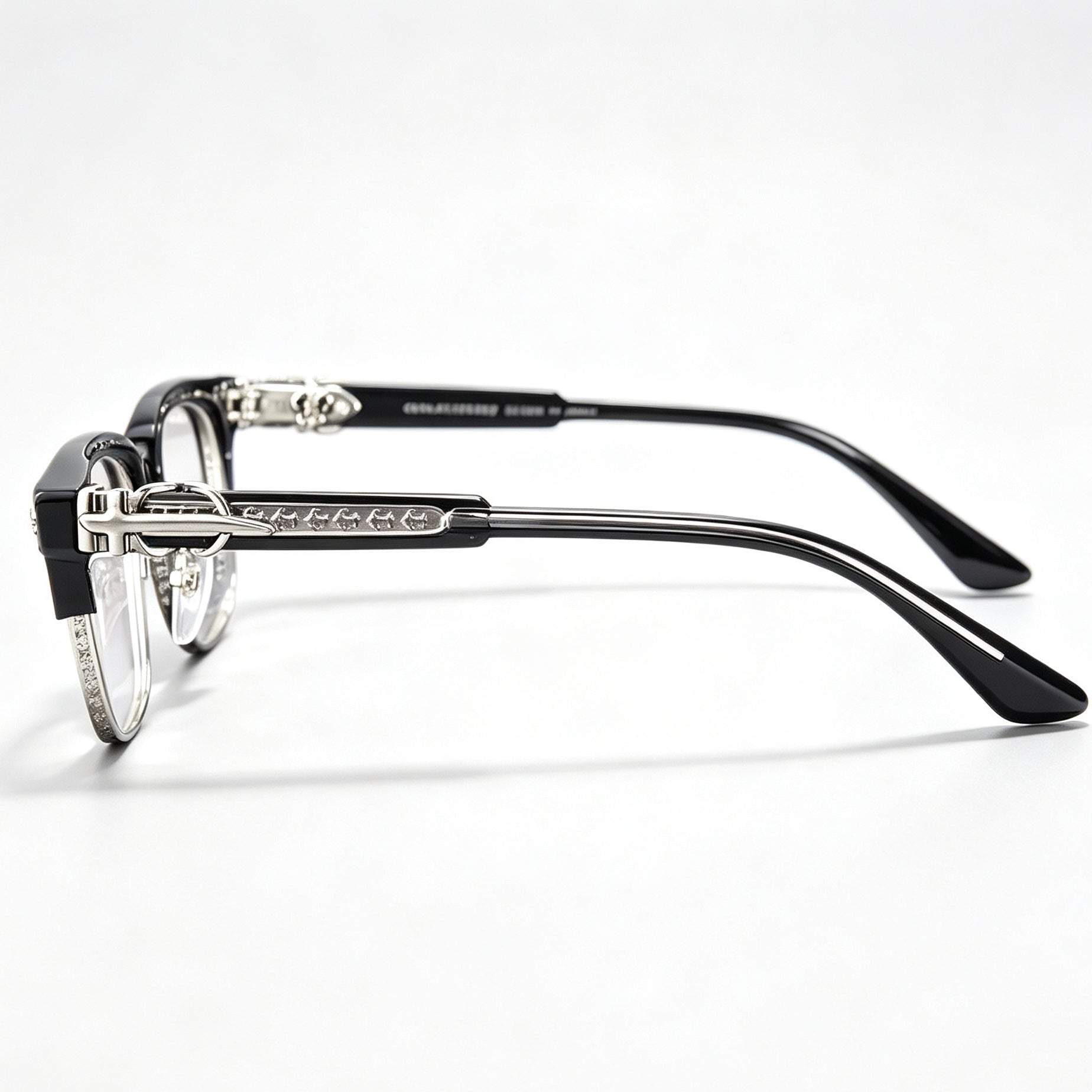 Black Browline Eyeglasses Men Katana Design Silver Temple IP Plated Anti-Rust Eyewear