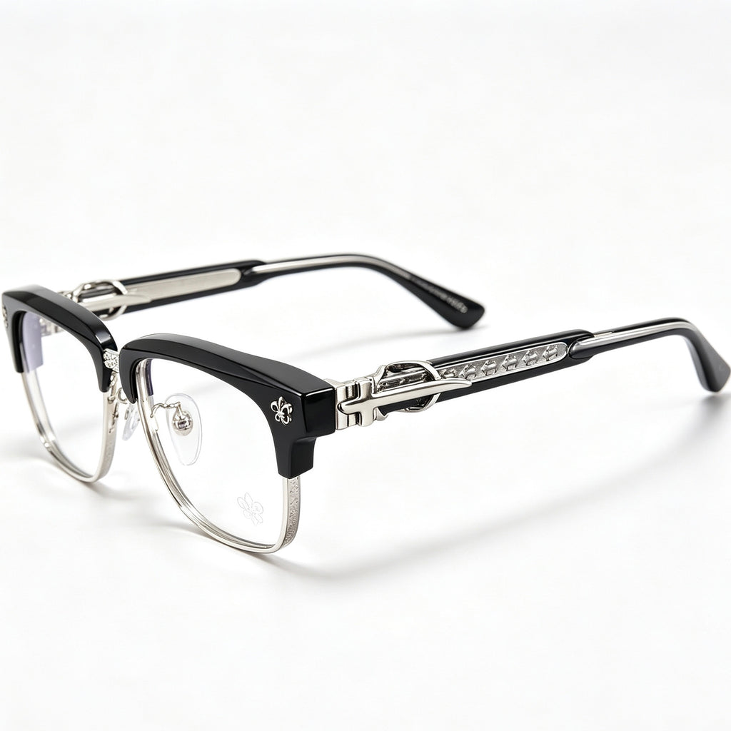 Black Browline Eyeglasses Men Katana Design Silver Temple IP Plated Anti-Rust Eyewear