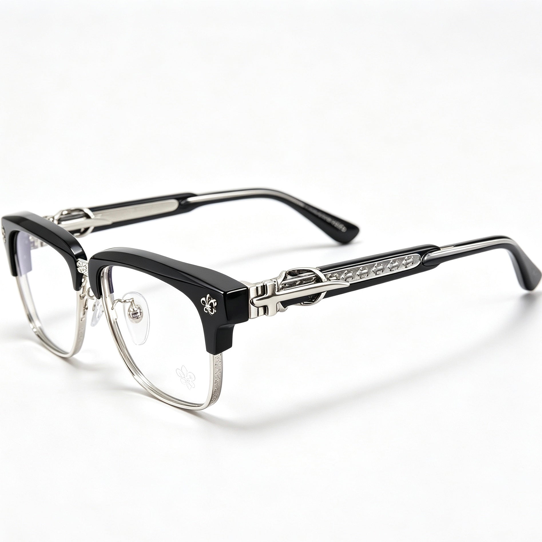 Black Browline Eyeglasses Men Katana Design Silver Temple IP Plated Anti-Rust Eyewear
