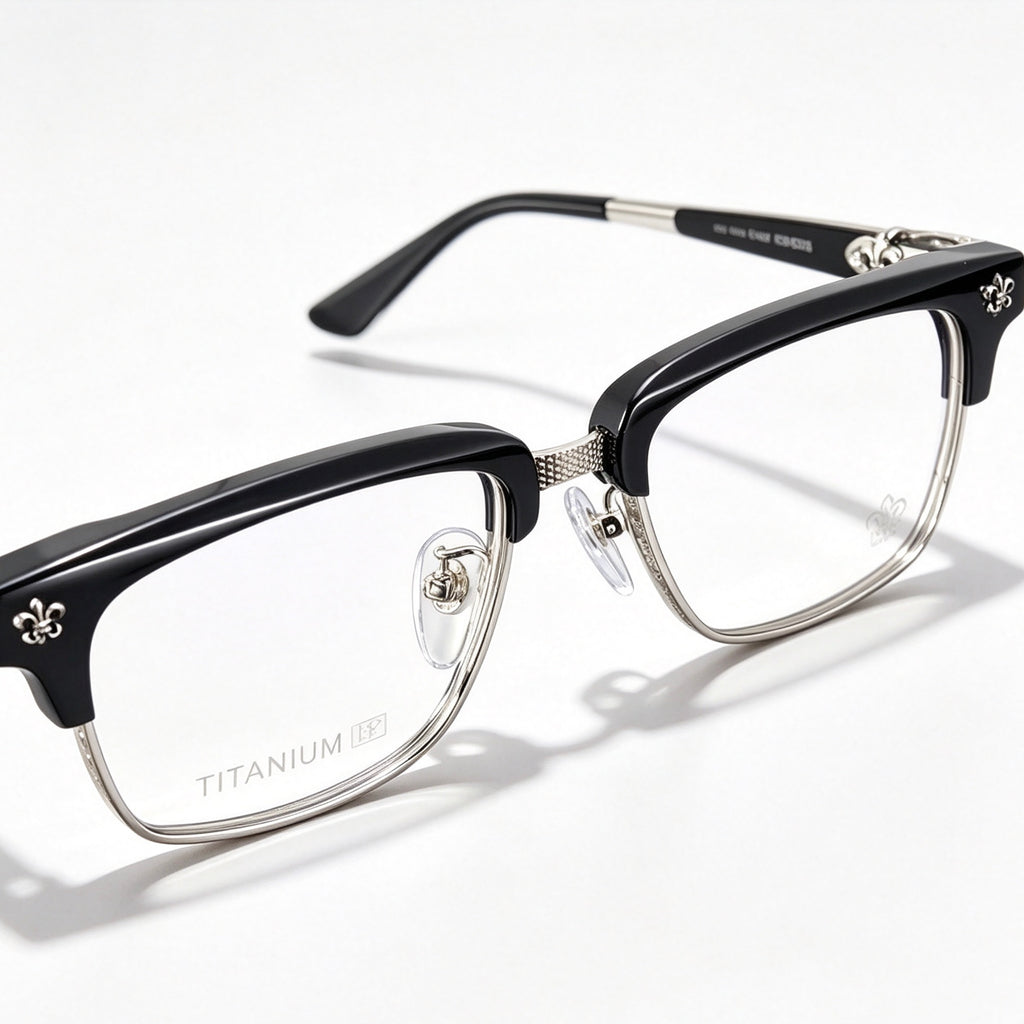 Black Browline Eyeglasses Men Katana Design Silver Temple IP Plated Anti-Rust Eyewear