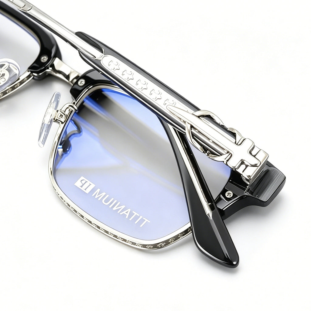 Black Browline Eyeglasses Men Katana Design Silver Temple IP Plated Anti-Rust Eyewear