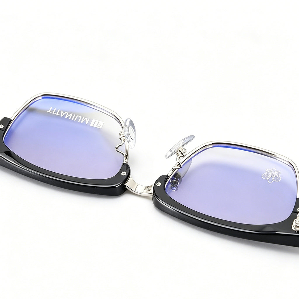 Black Browline Eyeglasses Men Katana Design Silver Temple IP Plated Anti-Rust Eyewear