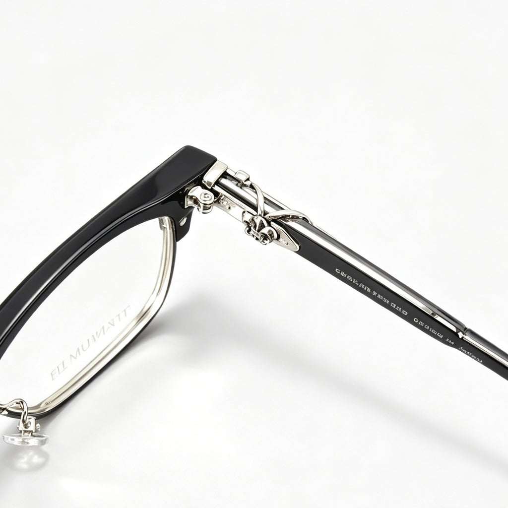 Black Browline Eyeglasses Men Katana Design Silver Temple IP Plated Anti-Rust Eyewear