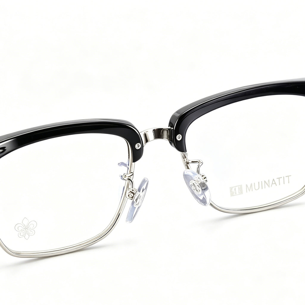 Black Browline Eyeglasses Men Katana Design Silver Temple IP Plated Anti-Rust Eyewear
