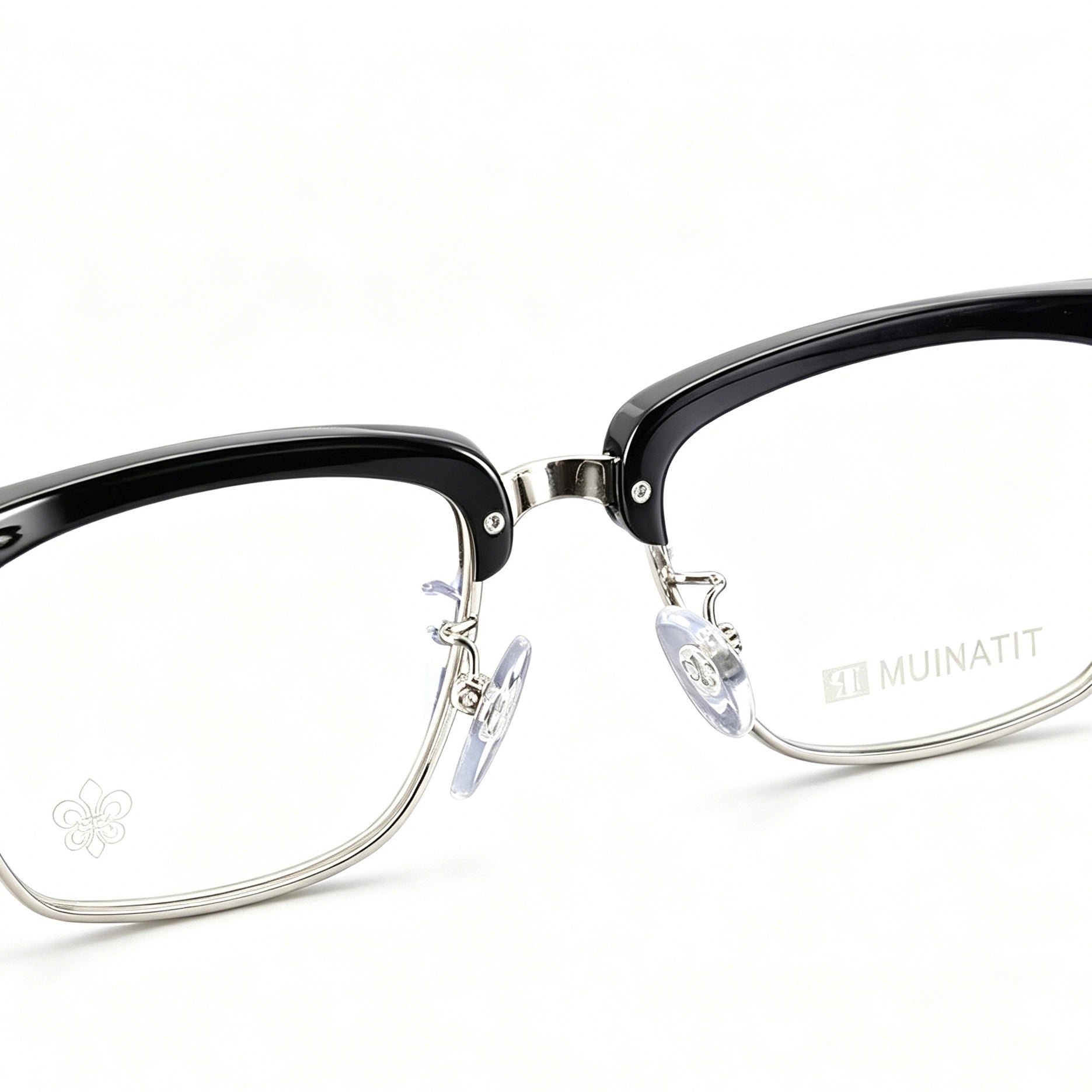 Black Browline Eyeglasses Men Katana Design Silver Temple IP Plated Anti-Rust Eyewear